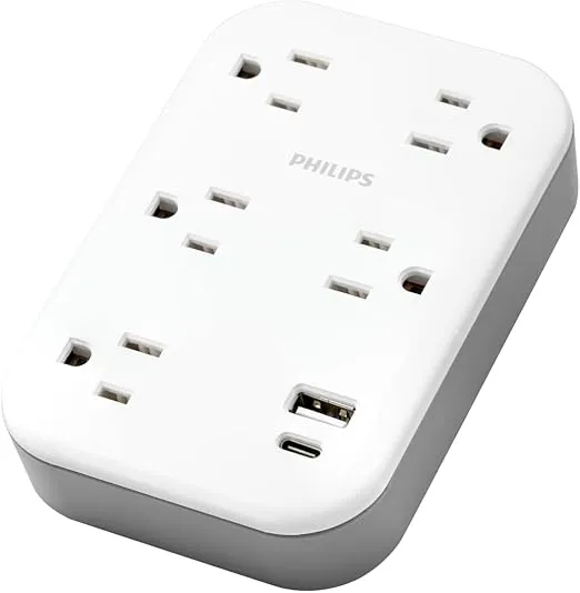 Philips EZFit 5-Outlet Extender Wall Tap with Surge Protection, Grounded Adapter, Charging Station, 3 Prong, Secure Install, 1 USB-A, 1 USB-C, 900J, White, SPP3513W/37