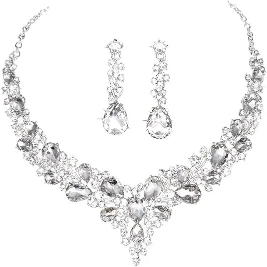 Molie Bridal Austrian Crystal Necklace and Earrings Jewelry Set Gifts fit with Wedding Dress