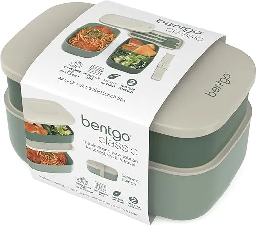 Bentgo Classic - Adult Bento Box, All-in-One Stackable Lunch Box Container with 3 Compartments, Plastic Utensils, and Nylon Sealing Strap, BPA Free Food Container (Khaki Green)