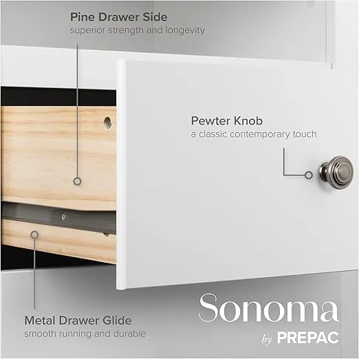 Prepac Sonoma 6 Drawer Dresser for Bedroom, Tall Chest of Drawers, Bedroom Furniture, Clothes Storage and Organizer, 19" D x 23.25" W x 52.75" H, White