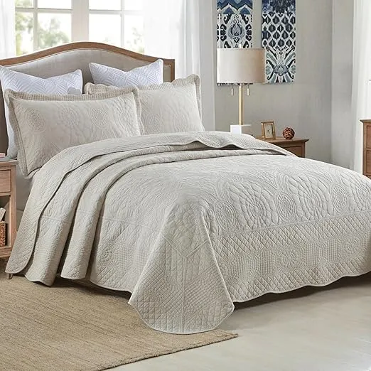 MarCielo 3-Piece 100% Cotton Oversized Bedspread Set Coverlet Set Lightweight Quilt Set Embroidery Farmhouse Bedding Set TF (Tf Khaki Beige, King (118"x106"))