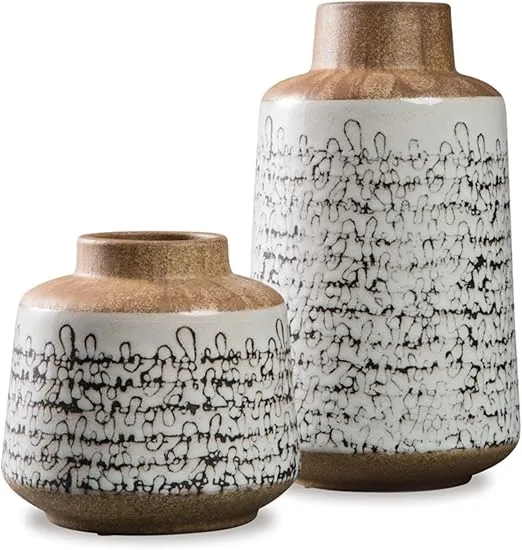 Signature Design by Ashley Megan Ceramic & Wood 2 Piece Decorative Vase Set, Light Brown & Black