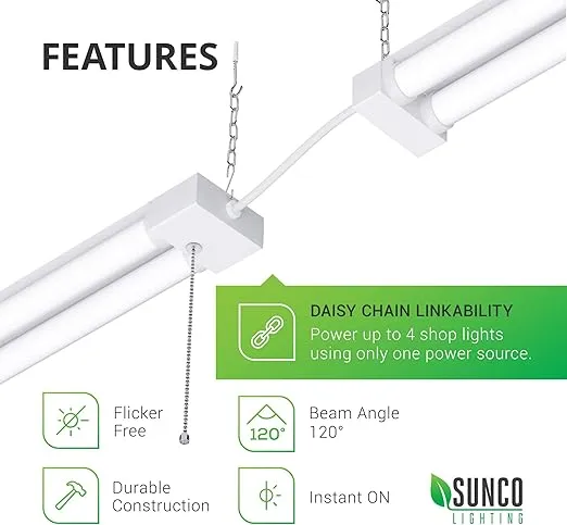 Sunco 16 Pack 40W=260W LED Shop Light for Workshop Garage 4FT, Plug in Frosted Lens Linkable Utility Industrial Fixture, 5000K Warm White, 4100 Lumens Non-Dimmable, Hanging, Pull Chain - ETL