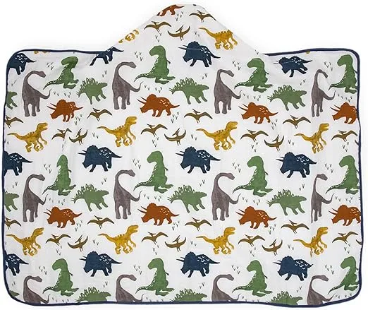 Little Unicorn Cotton Muslin & Terry Hooded Towel, Larger Size 1-6 Years (Dino Friends)