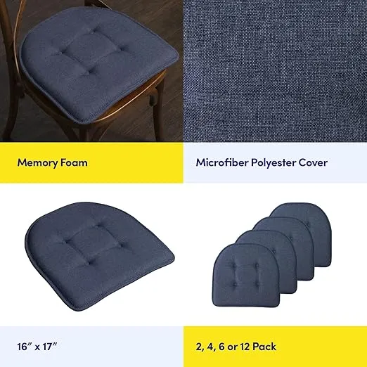 Sweet Home Collection Chair Cushion Memory Foam Pads Tufted Slip Non Skid Rubber Back U-Shaped 17" x 16" Seat Cover, 12 Count (Pack of 1), Denim Blue