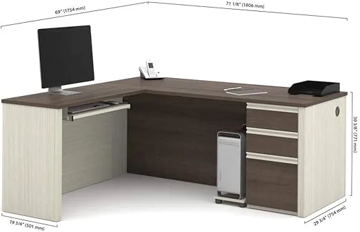 Bestar Prestige + L-Shaped Desk with Pedestal, 72W, White Chocolate & Antigua