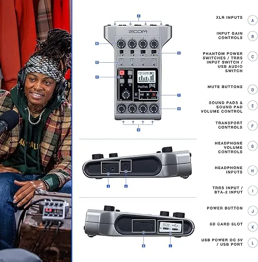 Zoom PodTrak P4 Portable Multitrack Podcast Recorder + 2x Zoom M-1 Mic + 2x Headphones + Windscreens + XLR Cables + 2x Tabletop Stand + Cloth – 2 Person Podcasting Mic Pack Bundle