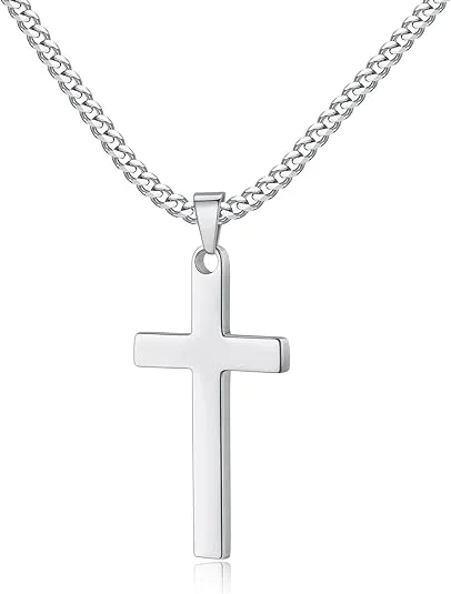 LUXEJEW Cross Necklace for Men, Silver/Gold/Black Stainless Steel Cross Pendant Necklace Cuban Chain 16-24 Inch