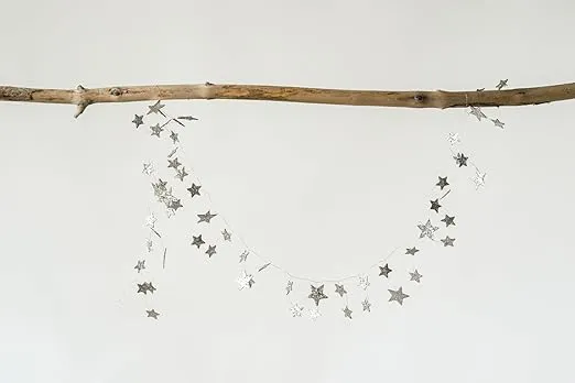 Creative Co-Op 72 Inch Cardboard Glitter Star Garland, Silver Finish