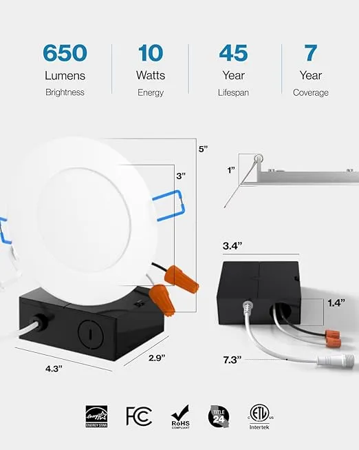 Sunco 12 Pack 4 Inch Ultra Thin LED Recessed Ceiling Lights Slim, 6000K Daylight Deluxe, Dimmable, 10W, Wafer Thin, Canless with Junction Box - ETL