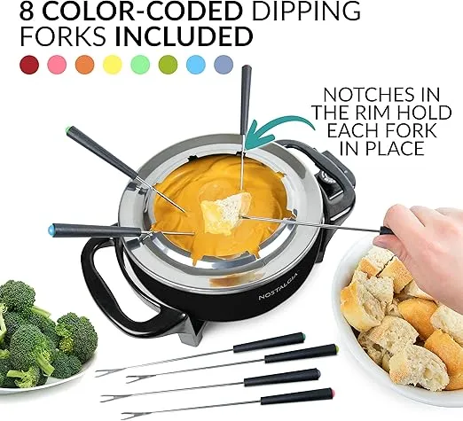 Nostalgia 12-Cup Electric Fondue Pot Set for Cheese & Chocolate-8 Color-Coded Forks, Temperature Control-Stainless Steel Kitchen Gadgets and Appliances for Hors d'Oeuvres and More-Black