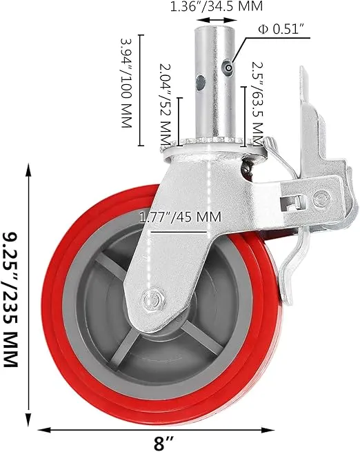 BestEquip Scaffolding Wheels Set of 4, 8" - Scaffolding Casters Heavy Duty, 3200 Lbs Per Set - Locking Stem Casters with Brake, Red Polyurethane - Replacement for Scaffold, Shelves, Workbench