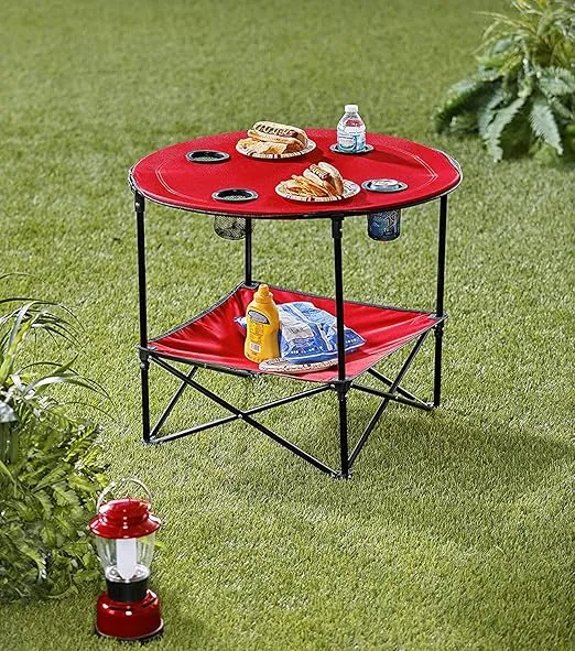 Portable Folding Picnic Table with Bench Storage for Tailgating - Red