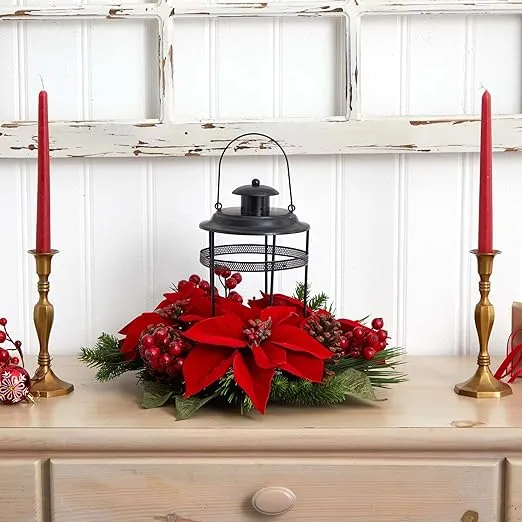 Nearly Natural Poinsettia Berry Pine Artificial Candelabrum Silk Arrangements, Red 18"D x 18"W x 13"H