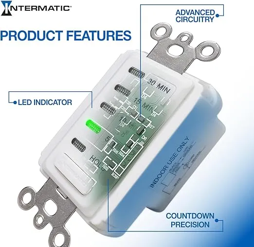 Intermatic EC200WK Electronic Countdown Timer - Efficient Control, Silent Operation, Versatile Applications - 5/10/15/30 Minute Countdown Timer