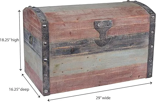 Household Essentials Large Wooden Storage Trunk, Weathered Wood with Paint Finish, Hinged Lid with Metal Accents