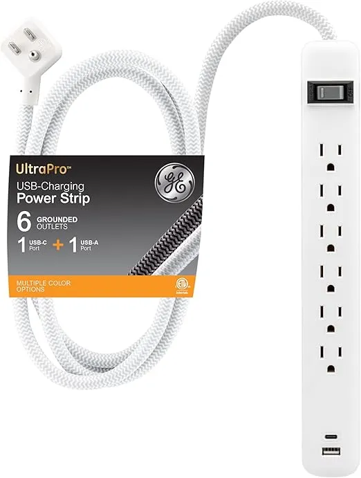 GE 6-Outlet Power Strip with USB, 1 USB-A, 1 USB-C, Outlet Extender, 6 Ft Braided Extension Cord, Flat Plug, Charging Station, White, 82594