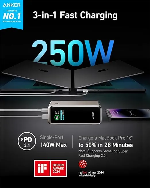 Anker Prime Power Bank, 27,650mAh 3-Port 250W Laptop Portable Charger with Smart App, Compatible with MacBook Pro/Air, iPhone 16/15/14/13 Series, Vision Pro, Samsung, Dell (Charging Base Not Included)