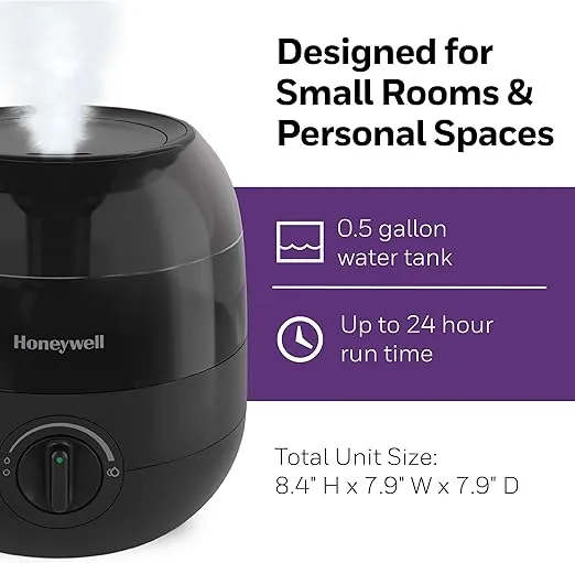 Honeywell Mini Cool Mist humidifier, Easy to Fill and Clean, humidifier for small Bedroom, Kids Rooms, or office. Ultra Quiet Operation and Auto Shut-Off - Black, HUL525B