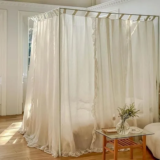 Mengersi Linen Canopy Bed Curtains,Bed Canopy Curtains 4 Corner Bed Drapes Sheer Curtains for Bedroom Decor (Ivory, Queen)