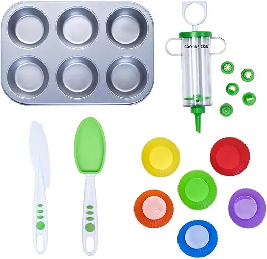 Curious Chef 16-Piece Cupcake & Decorating Kit for Kids, Dishwasher Safe & BPA-Free Plastic, Real Tools - Non-stick Tin, Liners, Silicone Mixing Spoon, Frosting Spreader, Decorator Tube & More