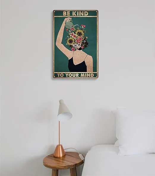 Fmcmly Be Kind to Your Mind Vintage Tin Signs Hippie Boho Wall Art Encouragement Gifts for Women Home Office Bedroom Living Room Cafes Wall Decor 8x12 Inch