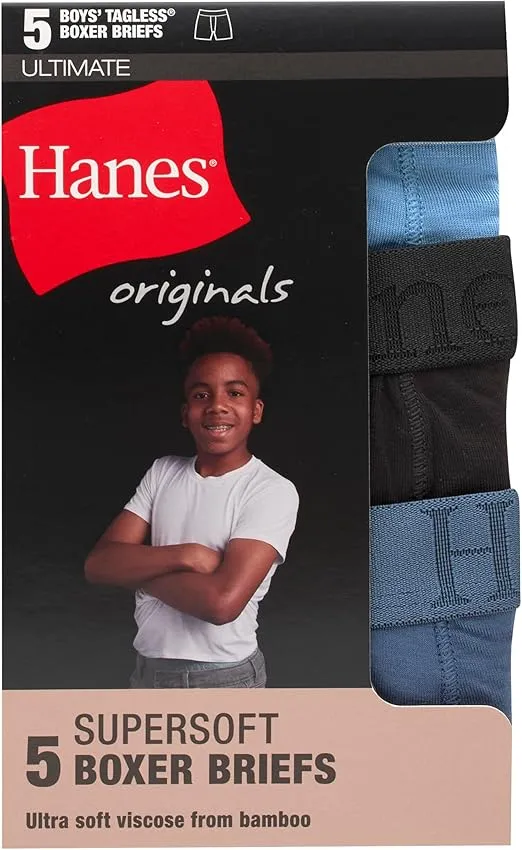 Hanes Boys' Originals Boxer Brief Underwear, Supersoft Boxer Briefs For Boys', Assorted 5-Pack