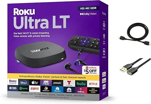 Roku Ultra LT Streaming Device 4K/HDR/Dolby Vision/Dual-Band Wi-Fi with Roku Voice Remote and HDMI Cable, with MTC HDMI Cable and USB Extension Cord