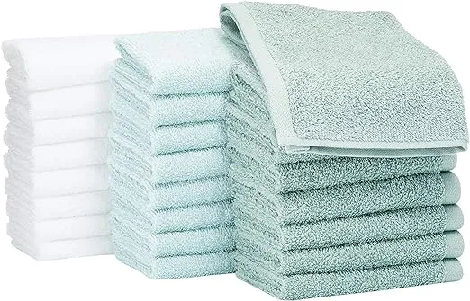 Amazon Basics face Towels for bathroom, 100% Cotton Extra Absorbent washcloth, Fast Drying - salon towel - 24 Pack (12 x 12 inches), Seafoam Green, Ice Blue, White