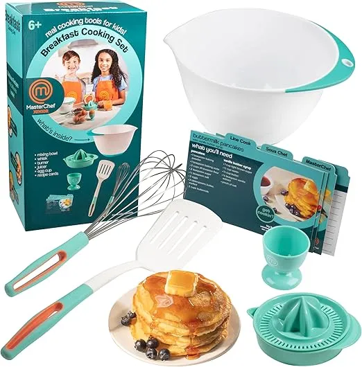 Breakfast Cooking Set - 6 Pc Kit Includes Real Cooking Tools for Kids and Recipes - Includes Spatula, Mixing Bowl, Juicer - Homemade Cooking Holiday Party Gift