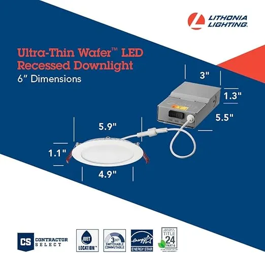 Lithonia Lighting WF6 LED 30K40K50K 90CRI MW M6 Recessed Light, Wafer Downlight with Ultra Thin Round Trim, Color Temperature Selectable, 3000K | 4000K | 5000K, 6-Inch, Matte White