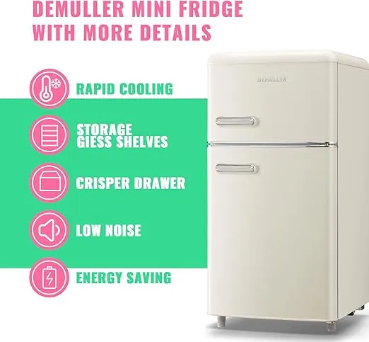 3.5 Cu.ft Retro Mini Fridge with Freezer Dual Doors & Handles Compact Refrigerator with 7 Thermostat Control Freestanding Small Fridge with LED Light Cream