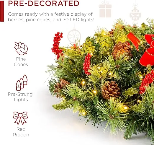 Best Choice Products 30in Pre-Lit Battery Powered Christmas Wreath Artificial Pre-Decorated Holiday Accent w/ 100 Lights, 276 PVC Tips, Ribbons, Pine Cones