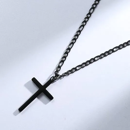 14K Gold Filled Cross Necklace for Men Figaro Chain Stainless Steel Plain Polished Cross Pendant Necklace Simple Faith Jewelry Gift for Women