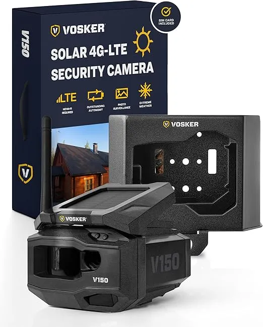 Vosker V150 Solar-Powered LTE Cellular Home Security Outdoor Camera | Motion Activated Sensor Nightvision Wireless Camera | Receive Photos on Your Mobile App (V150-Nationwide Pack)