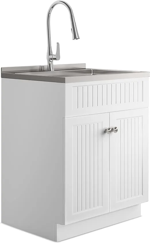 SIMPLIHOME Beckham Transitional 28 Inch Laundry Cabinet with Faucet and Stainless Steel Sink in White, For the Laundry Room and Utility Room