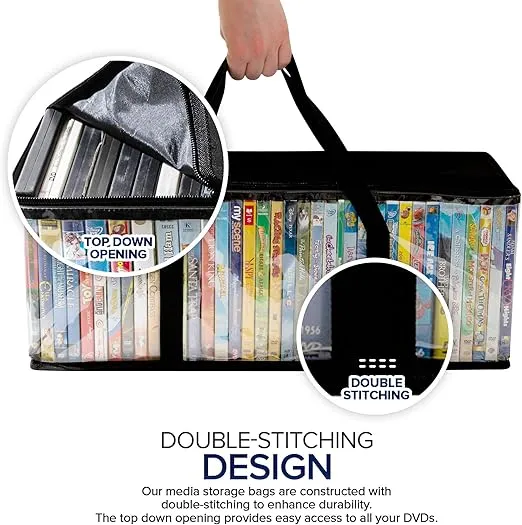 Stock Your Home DVD Storage Bags (Set of 6) Media Organizer Bag for DVDs, CDs, Blu Ray Disc, Movie Cases, VHS Box, Video Game Disks, Clear Plastic Holders with Carrying Handles and Zipper - Black