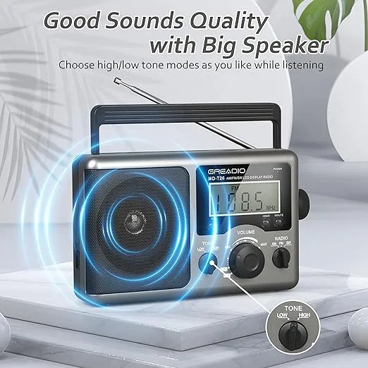 Greadio Portable Shortwave Radio with Best Reception,AM FM Transistor,LCD Display,Time Setting,Battery Operated by 4 D Cell Batteries or AC Power,Big Speaker,Earphone Jack for Gift,Elder,Home