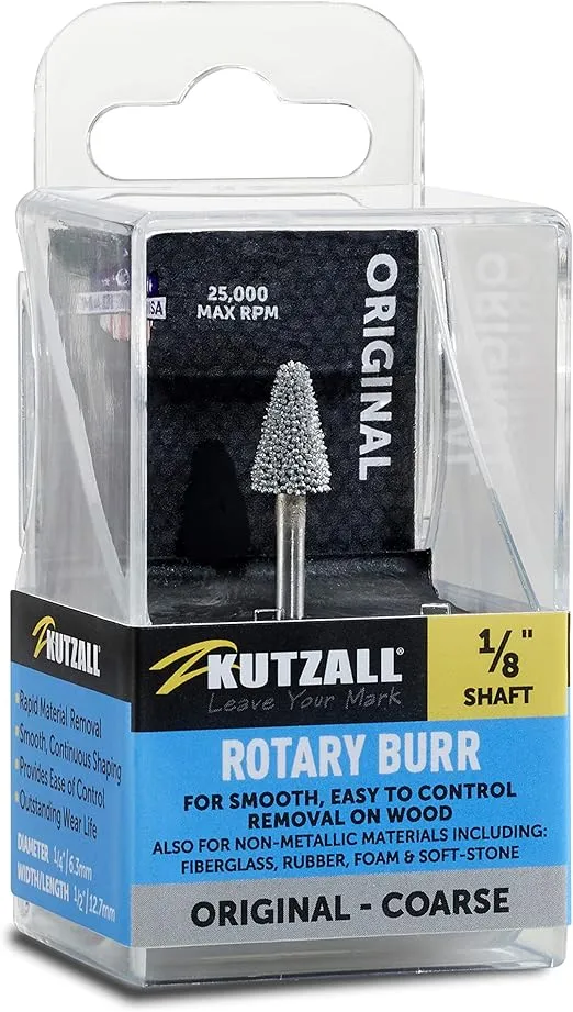 Kutzall Original Taper Rotary Burr, 1⁄8" Shaft, Coarse - Woodworking Attachment for Dremel, Foredom, DeWalt, Milwaukee. Abrasive Tungsten Carbide, 1⁄4" (6.3mm) Head Dia. X 1⁄2" (12.7mm) Length, T-14-E