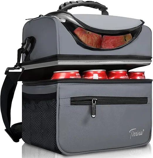 Extra Large Insulated Lunch Bag - 13L/ 22 Can, & Leakproof Adult Reusable Meal Prep Bento Box Cooler Tote for Men & Women with Dual Compartment, Canvas, Light Gray