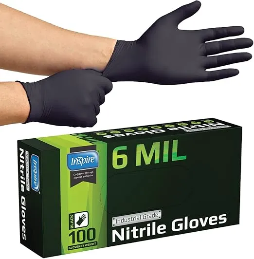 Inspire Black Nitrile Gloves HEAVY DUTY 6 Mil Nitrile Chemical Resistant Medical Cooking Cleaning Disposable Black Gloves