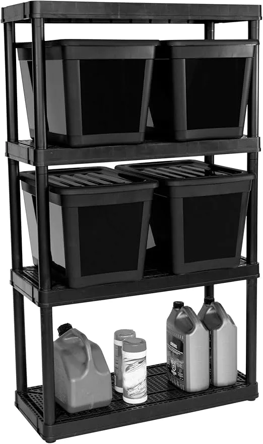 Gracious Living 4 Shelf Fixed Height Ventilated Medium Duty Shelving Unit, Organizer System with 10-Gallon Storage Bins & Lids, Black