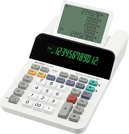 Sharp EL-1501 Display Desktop Calculator (Paper& Ink-Free, 12-Digit and 5-Line LCD Display, Battery Operated) White, 150 mm x 62 mm x 228 mm