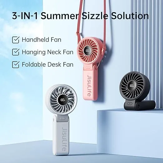 JISULIFE Handheld Fan Life7,2024 Powerful Portable Fan with LED Display[19.5Hrs Max Cooling]5000mAh,150°Folded,5 Speeds,Lanyard; 3-IN-1 Hand/Desk/Neck Fan,Travel Essentials Gifts for Women,Men(Black)