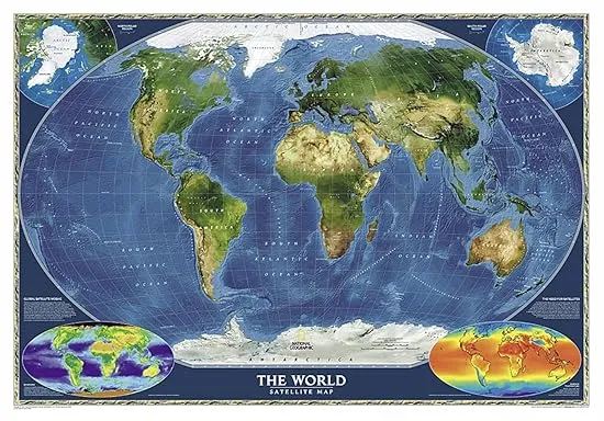 National Geographic World Satellite Wall Map - Laminated (43.5 x 30.5 in) (National Geographic Reference Map)