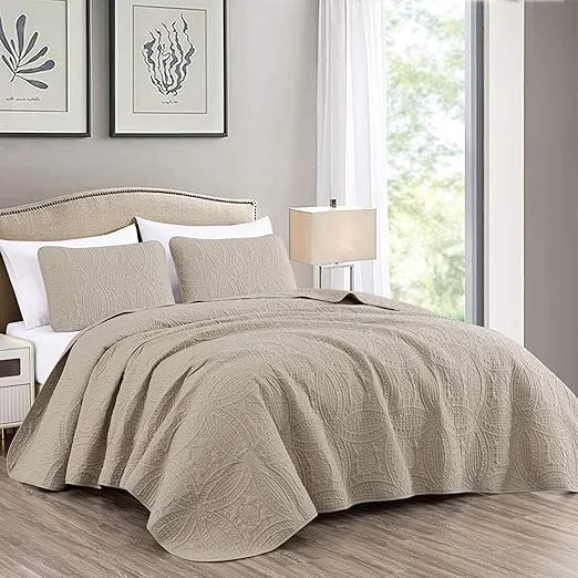 Chezmoi Collection Austin 3-Piece Oversized Bedspread Coverlet Set (King, Khaki)