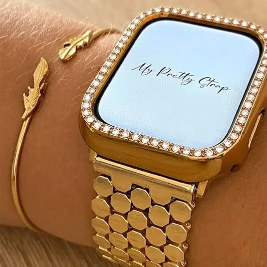 My Pretty Strap Honeycomb Band Compatible with Apple Watch 38/40/41mm or 42/44/45/46/49mm, Stainless Steel Metal Gold for Women