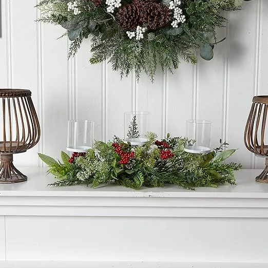 Nearly Natural 20in. Holiday Winter Greenery and Berries Triple Candle Holder Artificial Christmas Table Arrangement