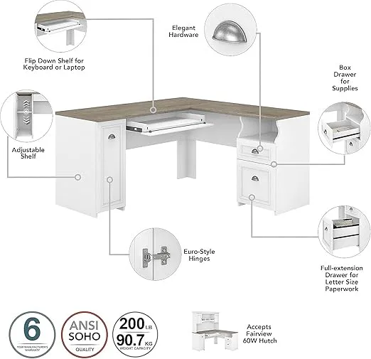 Bush FV014G2W 60-Inch L-Shaped Desk w/Hutch Bookcase Storage, File Cabinets