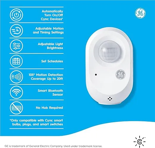 GE CYNC Wireless Smart Motion Sensor, Battery-Powered, Bluetooth Motion Sensor with Ambient Light Detection, Works with CYNC Smart Plugs, Switches and Bulbs, White